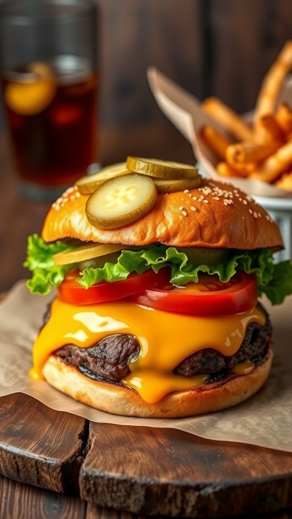 A Juicy Lucy burger with melted cheese, lettuce, tomato, and pickles on a toasted bun, served with fries.